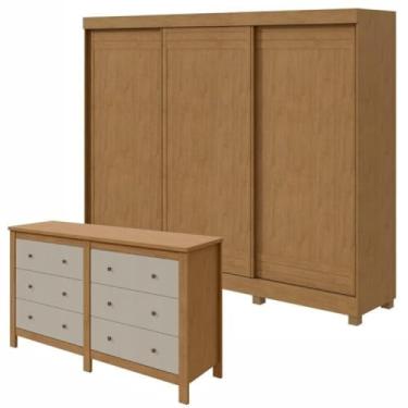 Imagem de Conjunto de Guarda-roupa 3 Portas 4 Gavetas Nice com Pése Cômoda 6 Gavetas Mdp/mdf Maggiore New Amêndoa Clean/off White