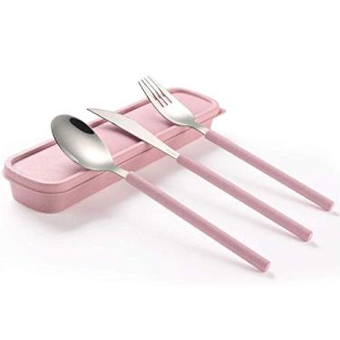 Imagem de Conjunto de talheres reutilizáveis de utensílios domésticos portáteis, utensílios de cozinha, aço inoxidável, utensílios de cozinha, 3 peças, faca de garfo com alça colorida (1 conjunto de faca de garfo, rosa)