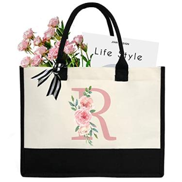Imagem de DEEZOMO Sacola de lona para mulheres bolsa de praia bolsa de presente personalizada com bolso interno com zíper, adequada para casamento, aniversário, R