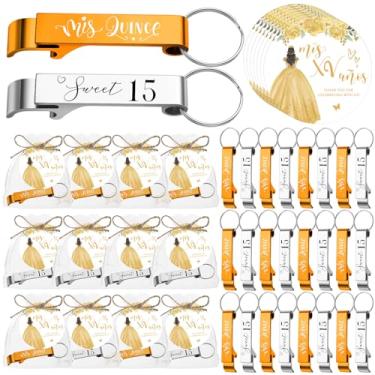 Imagem de Dandat 50 conjuntos de lembrancinhas de festa de quinze anos para convidados 15 anos abridor de garrafas chaveiro sacos de organza cartões de agradecimento com corda presente de quinze anos para 15