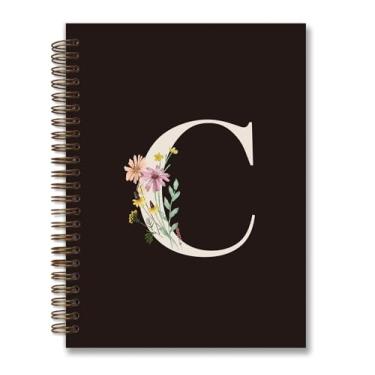 Imagem de foedor Caderno espiral de capa dura personalizado moderno, caderno preto com letra C, presentes com monograma para mulheres adolescentes, caderno espiral de capa dura pautado para faculdade, 14 x 21