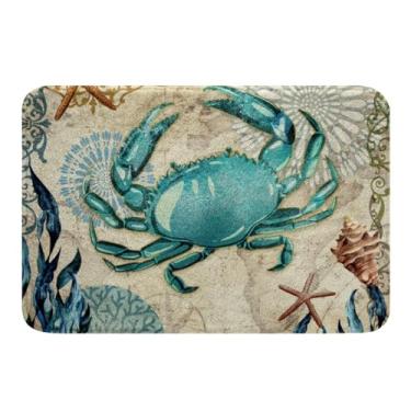 Imagem de Tapete de banheiro com caranguejo, tapete náutico para porta de chão, estrela-do-mar, mapa retrô, lavável de secagem rápida, tapete de entrada de animais de répteis engraçados, antiderrapante, tapete de pelúcia grossa e macia, 51 x 81 cm