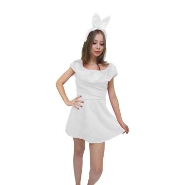 Imagem de Fantasia Vestido Coelhinha da Páscoa Coelha Branca Adulto Pelúcia Feminina Carnaval Halloween Zumbi Terror