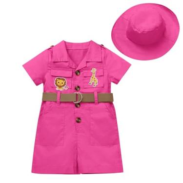 Imagem de Roupa de safári para bebês selvagens de um aniversário, macacão de safári de manga curta com chapéu, roupa de guarda de zoológico infantil, Vermelho rosa, 12-18 Meses