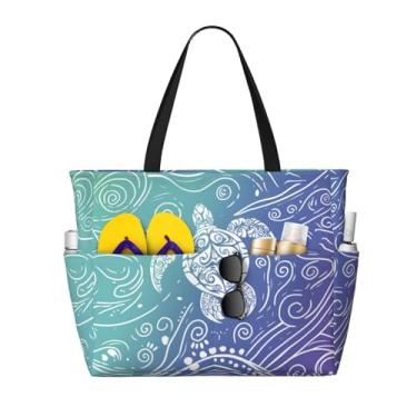 Imagem de NLZI Bolsa de praia feminina para praia, impermeável, à prova de areia, grande, com zíper, grande capacidade para viagens de férias, Tartaruga ciano, One Size