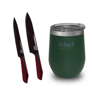 Imagem de Facas Ichef Professional Cut Red E Copo Térmico Com Tampa Ichef Smart Cup 350 Ml | Copo Verde