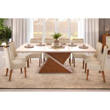 Imagem de Sala De Jantar Zafira Tampo Madeirado Com Vidro Curvo 200x100cm E 8 Cadeiras Jade Freijo Off White Linho Neve