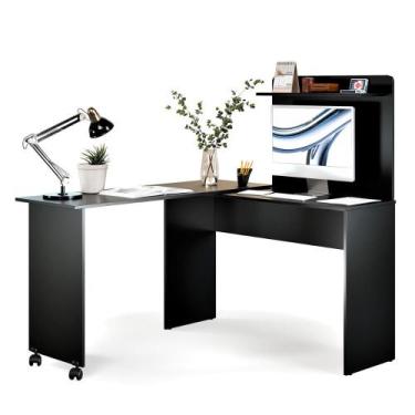 Imagem de Escrivaninha em L 2 em 1 com Rodízios e Prateleira - EJ Móveis, Preto
