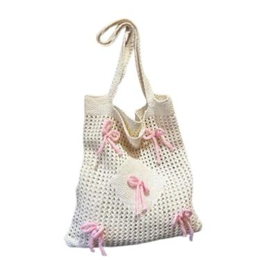 Imagem de IMXPW Bolsa de crochê com laço de crochê bolsas fofas de malha rosa estética bolsas de ombro para mulheres férias, rosa, One Size