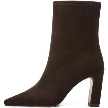 Imagem de Lovee Cosee Botas de cano curto femininas 2025 salto grosso bico quadrado botas com zíper conforto outono inverno festa escritório encontro noite viagem casual roupa, Camurça chocolate, 40