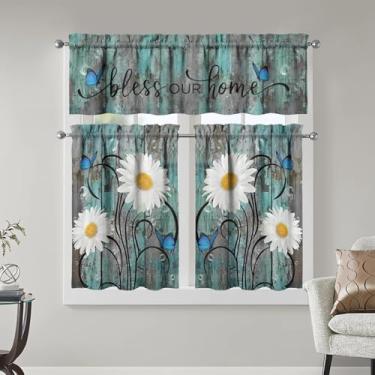 Imagem de Conjunto de cortinas de cozinha para janelas margarida grão de madeira cozinha decorativa pia janela conjunto 3 peças cortinas azuis 3 painéis decoração para sala de estar, quarto, casa