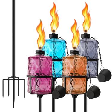 Imagem de SNOGSWOG Conjunto de 4 tochas de citronela de vidro, tocha de jardim externo de 340 g com estaca aterrada de 5 pinos, tocha de vidro de 140 cm para decoração de casa, tochas externas para quintal