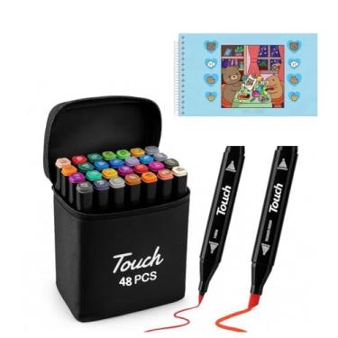 Imagem de Kit Canetinhas Touch 48 Cores Para Colorir, Canetas com Ponta Dupla, Estojo com Zíper + 1 Livro de Colorir Capa Dura (1 Livro Azul + Touch 48 Cores)