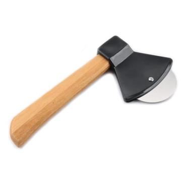 Imagem de Cortador Fatiador De Pizza Machado Machadinha Madeira Lâmina Em Metal (Preto)