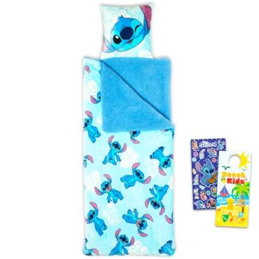 Imagem de Conjunto de saco de dormir Stitch – Pacote com saco de dormir Disney de 68,5 cm x 66 cm com travesseiro anexado mais adesivos, mais | Suprimentos para acampamento e festa do pijama Lilo and Stitch