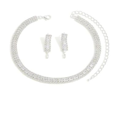 Imagem de Conjunto Colar Brinco Choker Prata Gargantilha Slim Zircônia Cúbica Prateado - Casamento Festa Formatura Debutante - Presente Noiva Namorada Mãe - Minimalista Delicado Elegante