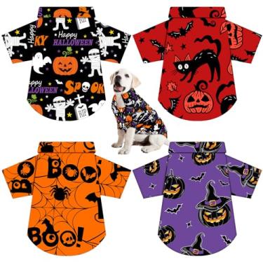 Imagem de Weewooday Pacote com 4 camisetas engraçadas para cães de Halloween com estampa de morcego fantasma de abóbora e esqueleto, roupa de Halloween macia, estampa assustadora, fantasias de animais de