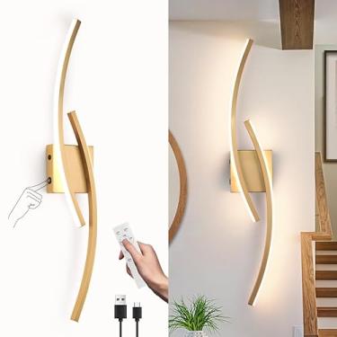 Imagem de Sovinzert Arandelas de parede operadas por bateria, arandelas de parede douradas com controle remoto, luminária de parede sem fio LED moderna 3000K-6000K para sala de estar, corredor, quarto, 39,3