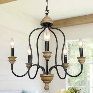 Imagem de ANQIANYUE Lustre rústico preto para casa de fazenda com 5 luzes envelhecidas luminária de madeira 51,8 cm campo francês luz de teto interior para sala de jantar, sala de estar, cozinha e entrada