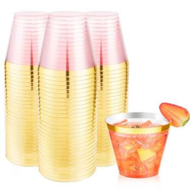 Imagem de Copos de plástico descartáveis LUODA 9 onças rosa com borda dourada 15