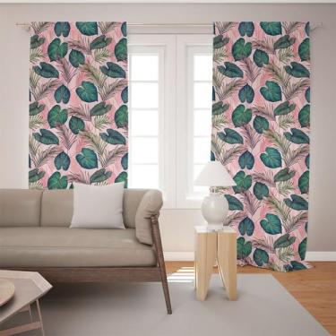 Imagem de Cortina Tecido Oxford Sala Folhagens Verde e Rosa - 140x220cm - Fabrik