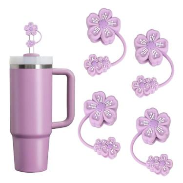 Imagem de 4 peças de cobertura de palha roxa de flor de cerejeira para Stanley Cup, topo de palha de silicone para copos Stanley 50 e 30 e 1,134 g, topo de palha de flor roxa reutilizável se encaixa