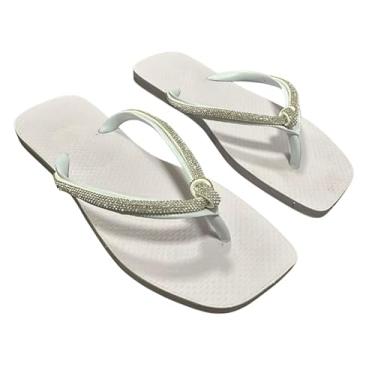 Imagem de Rasteirinha Feminina com Brilho Strass | Chinelo Flat Confortável Verão | Sandália Casual Elegante para Praia e Dia a Dia (Branco, BR, Adulto, Faixa Numérico, 35, 36)