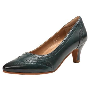 Imagem de Mona flying Sapato feminino de couro, bico fino, vintage, estilo brogue, sem cadarço, salto médio, sapato social feminino, Verde escuro, 40