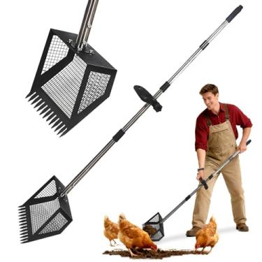 Imagem de Ruoyang Colher de cocô de galinha - Ferramenta de limpeza de galinheiro de aço inoxidável ajustável com ancinho de peneirar, pá multiuso de 89 a 157 cm para limpeza de resíduos de animais de estimação