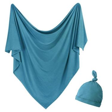 Imagem de Conjunto de cobertores Baby Swaddle Aijoviko 89x89cm com chapéu azul-p
