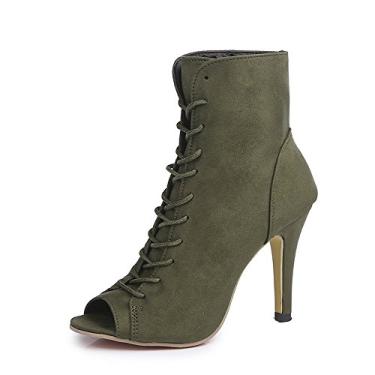Imagem de GATUXUS Bota feminina plataforma aberta bico cadarço salto alto botas cano curto sapatos de salto alto, Army Green, 9