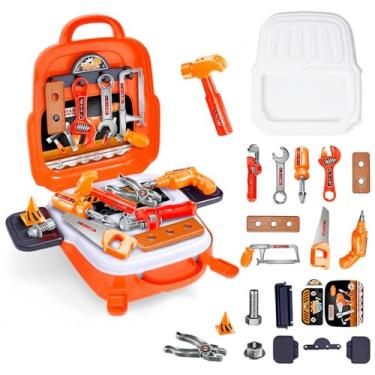 Imagem de Maleta de Ferramentas Infantil com 22 Peças, Brinquedo Educativo Manual, Conjunto Bancada de Trabalho em Laranja, Kit Montagem para Crianças com Chaves e Acessórios