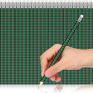 Imagem de 25 lápis de Natal com borrachas de búfalo xadrez de madeira para o inverno, lápis perfumados com borrachas a granel para escola, conjunto de artigos de festa para crianças (verde e preto)