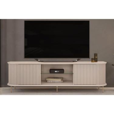 Imagem de Rack Bancada p/TV até 75 Pol Atlas 100% MDF c/ Ripado e Pés 218x62cm Off White - DJ Móveis