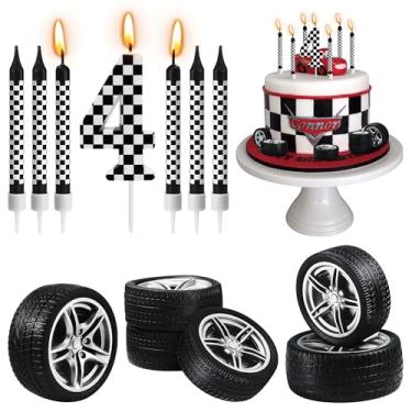 Imagem de 13 velas de aniversário temáticas de carros de corrida, velas de bolo de aniversário quadriculadas pretas e brancas, numerais 1 vela, pneu de roda para corrida, carro, festa, tema de decoração de