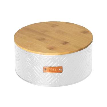 Imagem de Lata Hermética Porta Biscoito Doce Tampa De Bambu Branco