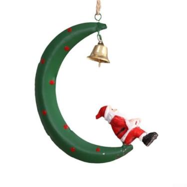 Imagem de Enfeite de Papai Noel lua pingente de ferro decoração de árvore de Natal com rena e sino, 10 x 8 x 3 cm, verde/branco/vermelho