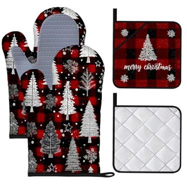 Imagem de BVBOX Conjunto de 4 luvas de forno e pegadores de panela de Natal resistentes ao calor com superfície de silicone antiderrapante para cozinha, cozinha, assar, grelhar (grade preta e vermelha, Natal