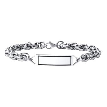 Imagem de Rockyu Pulseira masculina de aço inoxidável prata marca geométrica quadrada dobra etiqueta preta óleo hipoalergênico pulseira corrente – presente de aniversário elegante legal