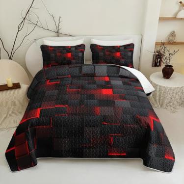 Imagem de Nttopship Jogo de cama solteiro geométrico vermelho e preto de 3 peças, conjunto de cama de microfibra neon favo de mel, colcha de edredom leve e brilhante vibrante (168 x 201 cm) com 2 fronhas (50,8