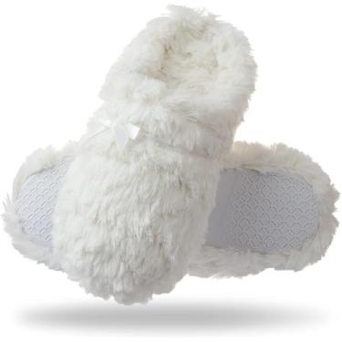 Imagem de Pantufas femininas fofas e fofas para uso interno com espuma de memória quente e confortável, ultramacia e antiderrapante, Branco, 4-5