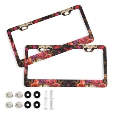 Imagem de SEHANY Molduras de placa de carro vintage rosa crânio, capas de alumínio à prova de ferrugem com furos elípticos e parafusos serve para veículos padrão dos EUA tamanho acessórios de carro para