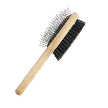 Imagem de Escova para cães e gatos, Vokiuler escova dupla face de cerdas e alfinetes para cuidados com cães, escova de queda de cerdas de javali real com cabo de bambu para cabelos longos e curtos, 1 pacote com