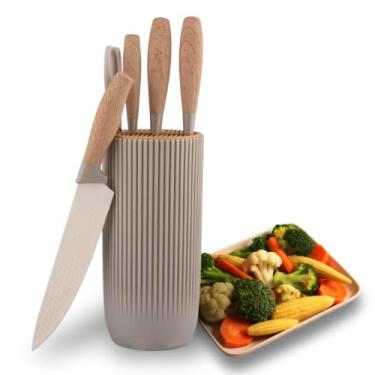 Imagem de Conjunto 6 Facas Chef com Organizador, Aço Inoxidável, Cabos em Madeira Natural, Design Moderno e Minimalista (Creme)