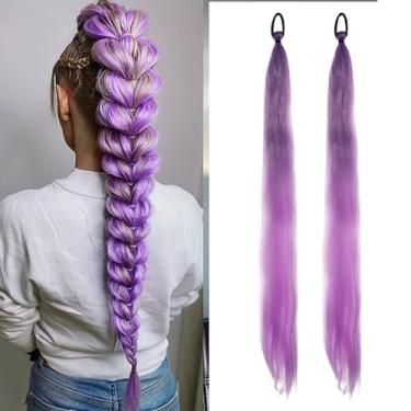 Imagem de 1 peça de peruca de rabo de cavalo trançado DIY com clipe em roxo inspirado em Kpop, fácil de usar, acessórios de cabelo para o visual diário (roxo escuro e roxo claro)