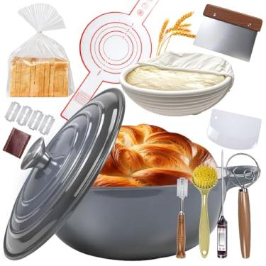 Imagem de Forno holandês de ferro fundido esmaltado de 5 litros para pão e vários cozimentos – Kit inicial completo de massa fermentada com tampa, termômetro de sonda, cesta de prova, alça de silicone e sacos