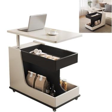 Imagem de Mesa de canto ajustável com elevação rotativa de 360° e rodas com trava, mesa de centro elevatória com armazenamento, para sala de jantar e quarto (branca)