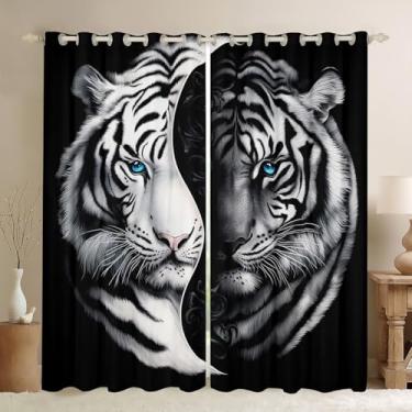 Imagem de Cortina de tigre preto e branco para sala de estar, tratamentos de janela Yin e Yang, cortina de janela de gato grande africano 2 painéis 106 cm L L x 163 cm C, cortinas góticas e cortinas góticas