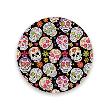 Imagem de JUZIHAI Conjunto de 4 porta-copos de caveira de açúcar de Halloween, porta-copos redondos de pedra de cerâmica absorvente de 9 cm com base de cortiça, tapete de proteção de mesa para cozinha, bar