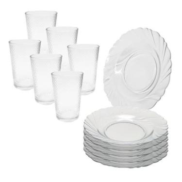 Imagem de Jogo 12 Peças Aparelho de Jantar 6 Pratos Fundo Liso Vidro + 6 Copos L